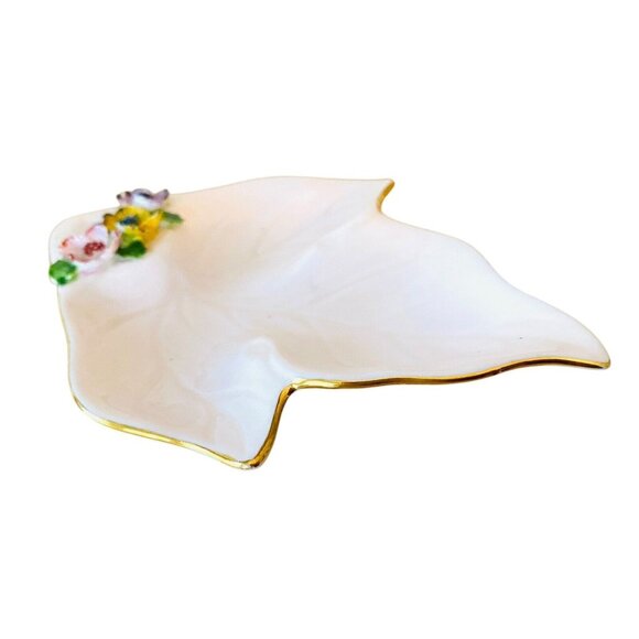 Staffordshire England Pink Trinket Dish Floral Bone China Leaf Gold Trim 5 In L - Picture 4 of 10